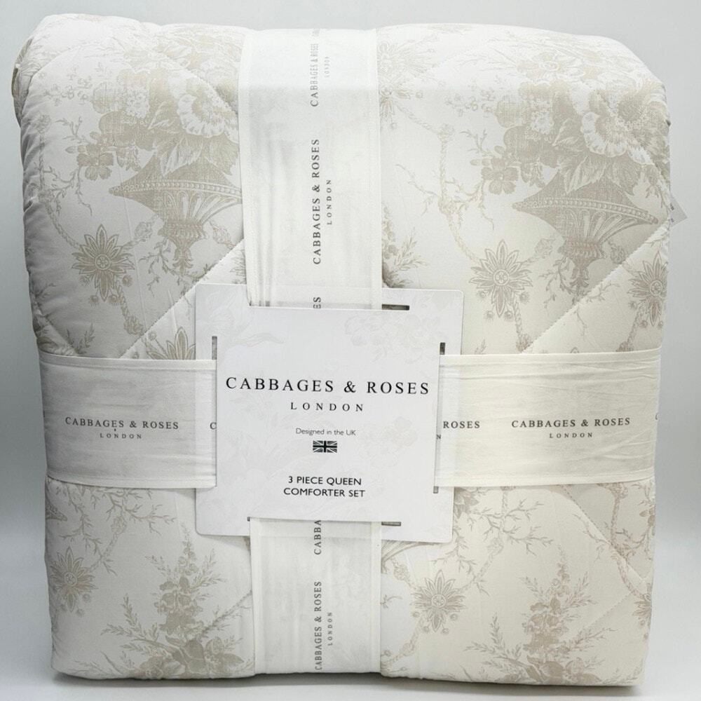 Cabbages & Roses Burleigh Linen Floral Toile QUEEN Comforter Bedding 3pc Set NEW
